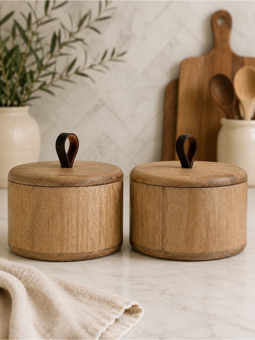 New Target Threshold Round Wooden Canisters Leather Loop Handle - Set of 2
